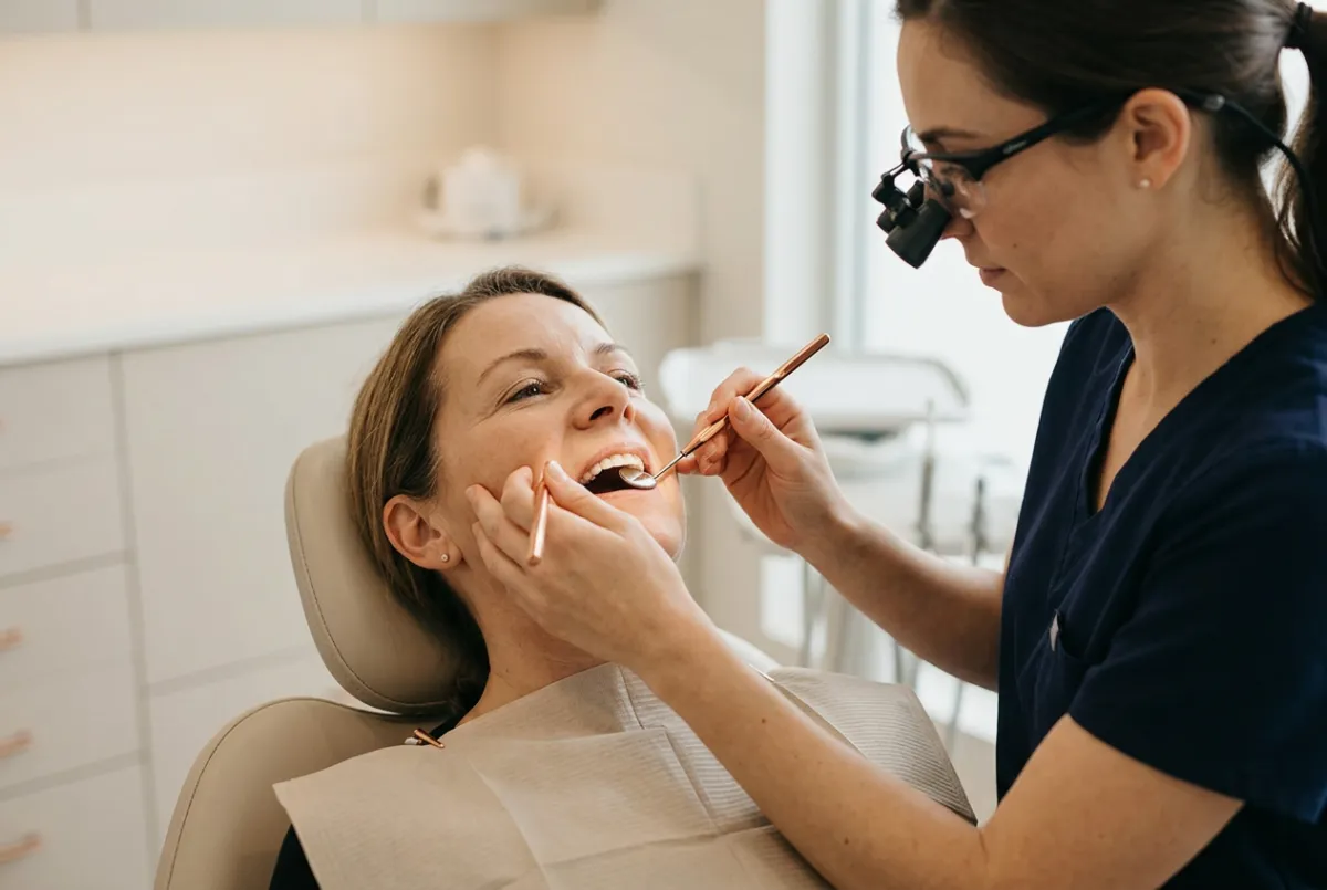 Clinical inspection assessing tooth enamel with natural dental operatory lighting