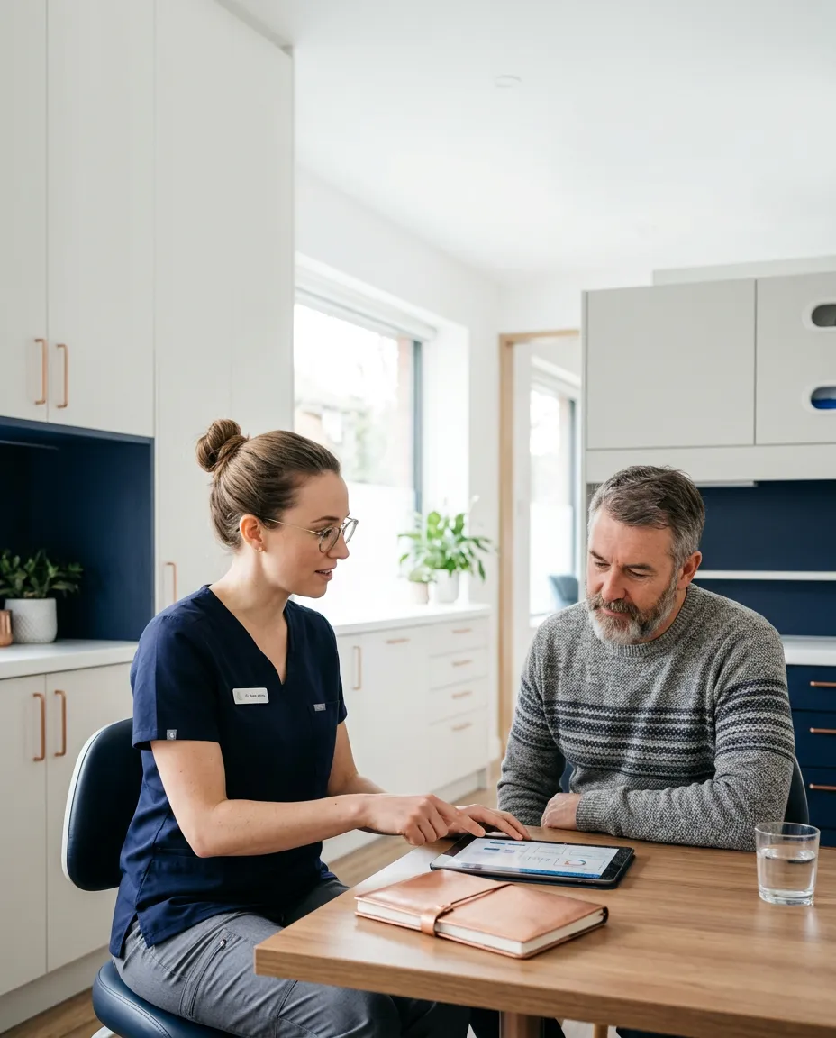 Editorial dental patient consultation reviewing preventive oral health records in natural light