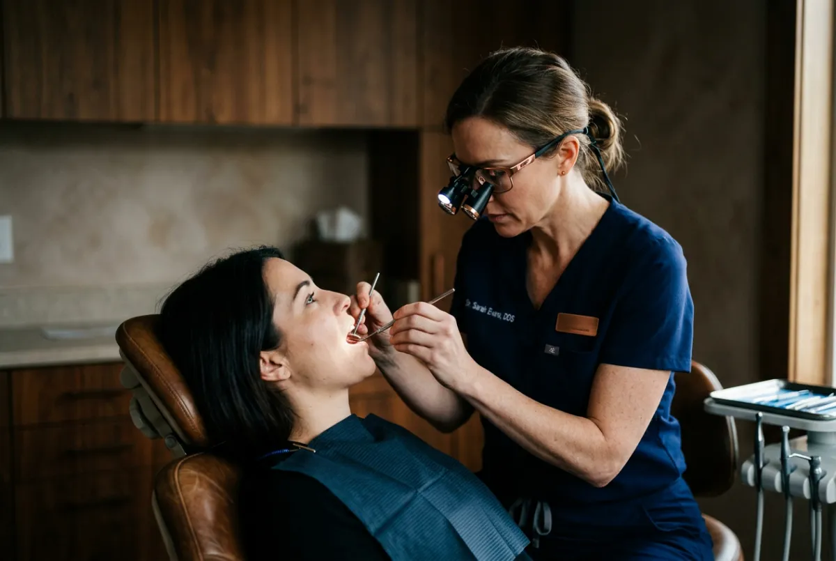 Clinical baseline examination with high-magnification loupes observing oral health progress