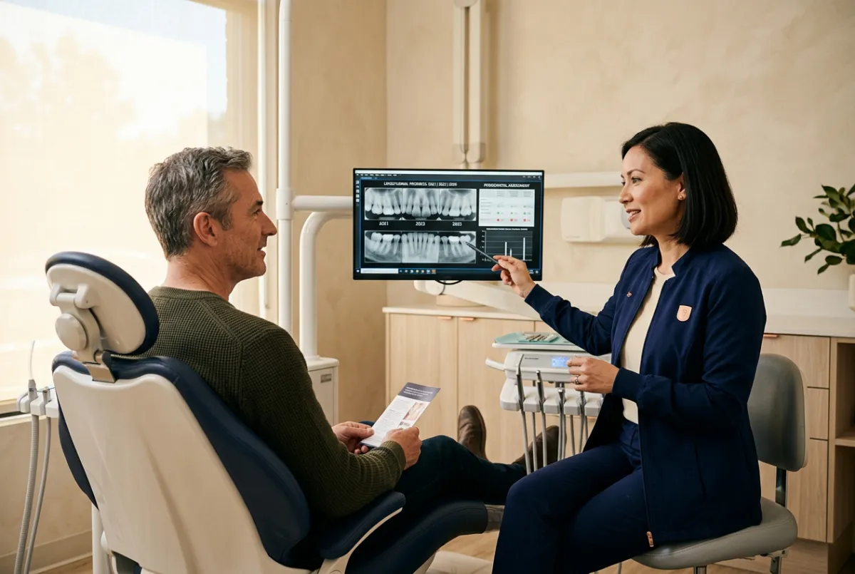 Dentist explaining longitudinal changes and preventive oral care strategies with patient