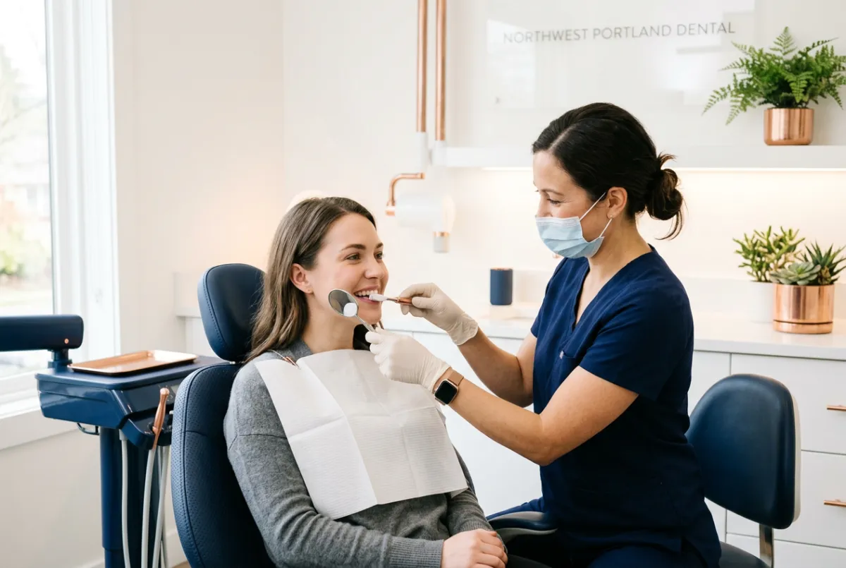 Clinician reviewing oral hygiene maintenance and preventive care techniques with patient