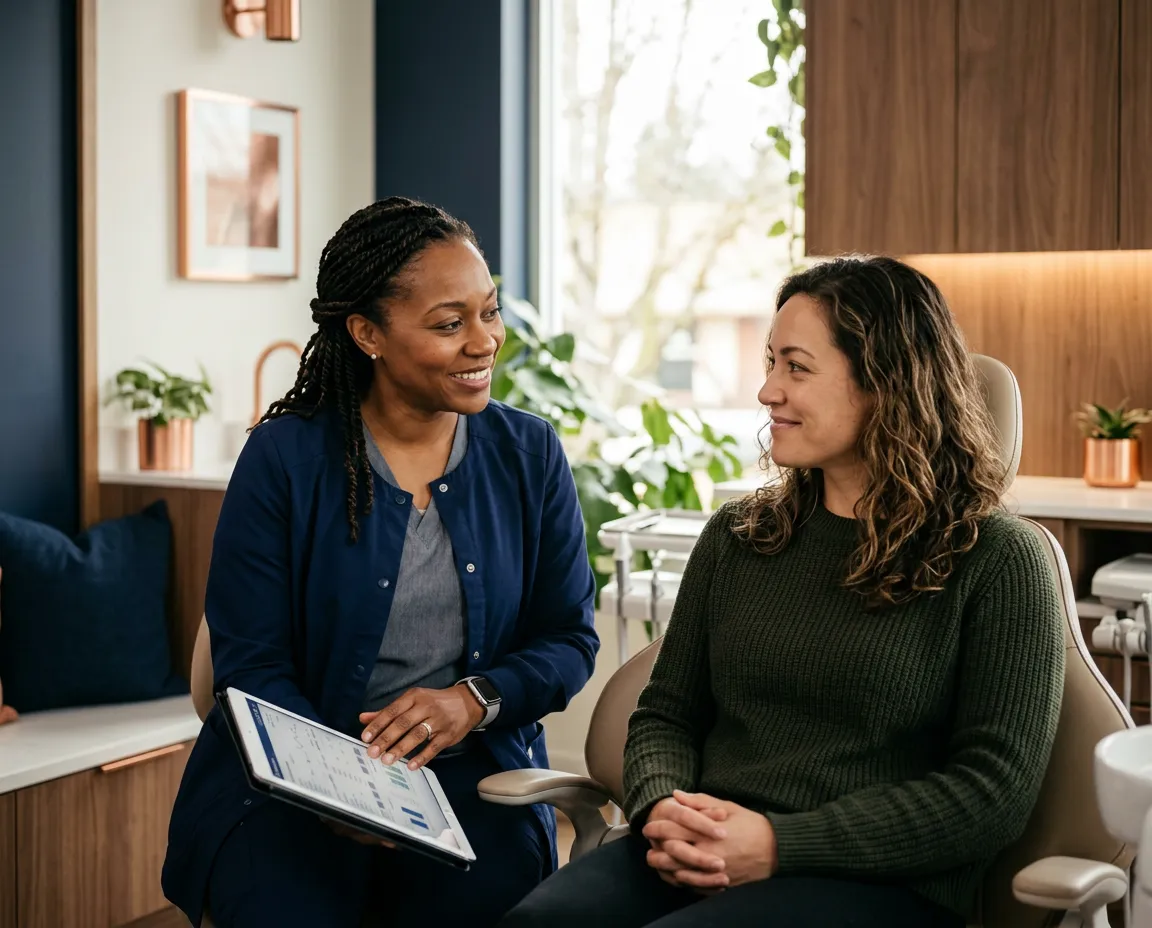 Clinician discussing diagnostic results with a patient in a warm, light-filled Portland dental studio