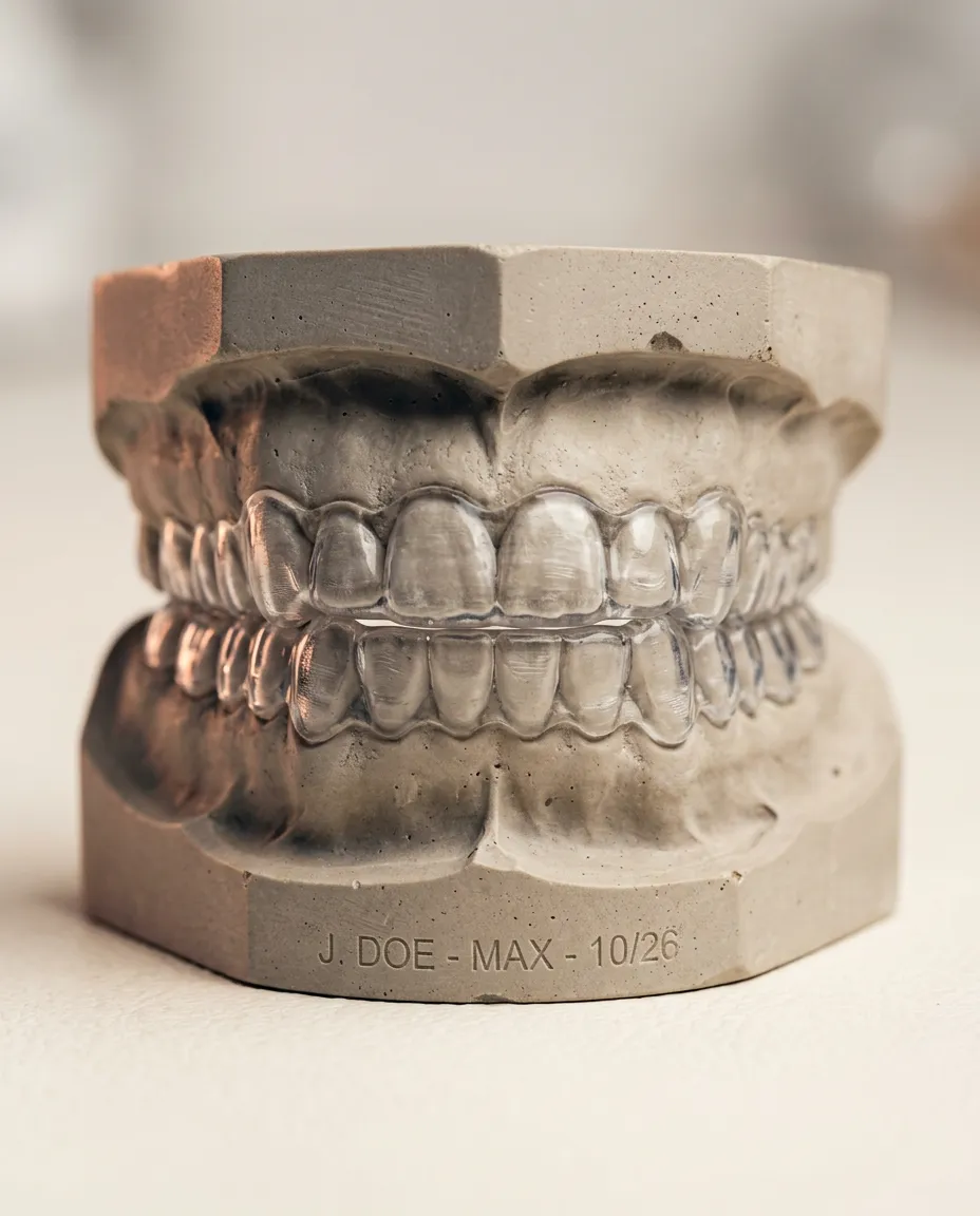 Clinical view of custom fabricated dental night guard on stone model