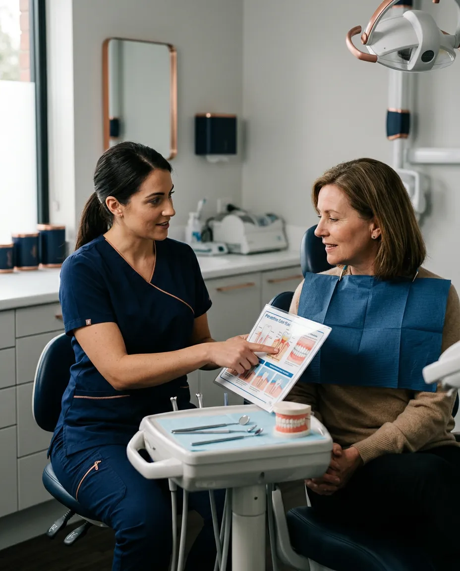 Clinician reviewing periodontal health chart and preventive care plan with patient in a modern clinical room