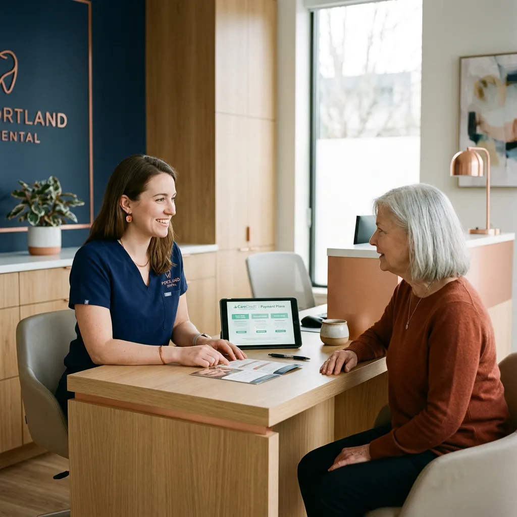 A warm, natural light dental office consultation between treatment coordinator and patient reviewing financial options in Portland