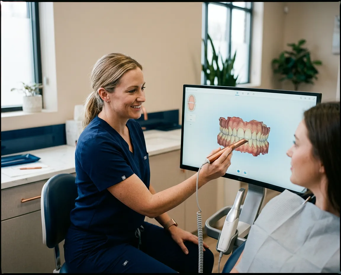 Advanced 3D digital intraoral scanner in dental operatory rendering anatomical dental models