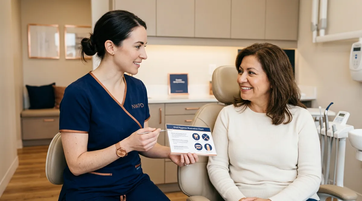 Clinician having an in-depth preventive hygiene consultation with a patient in a modern dental office