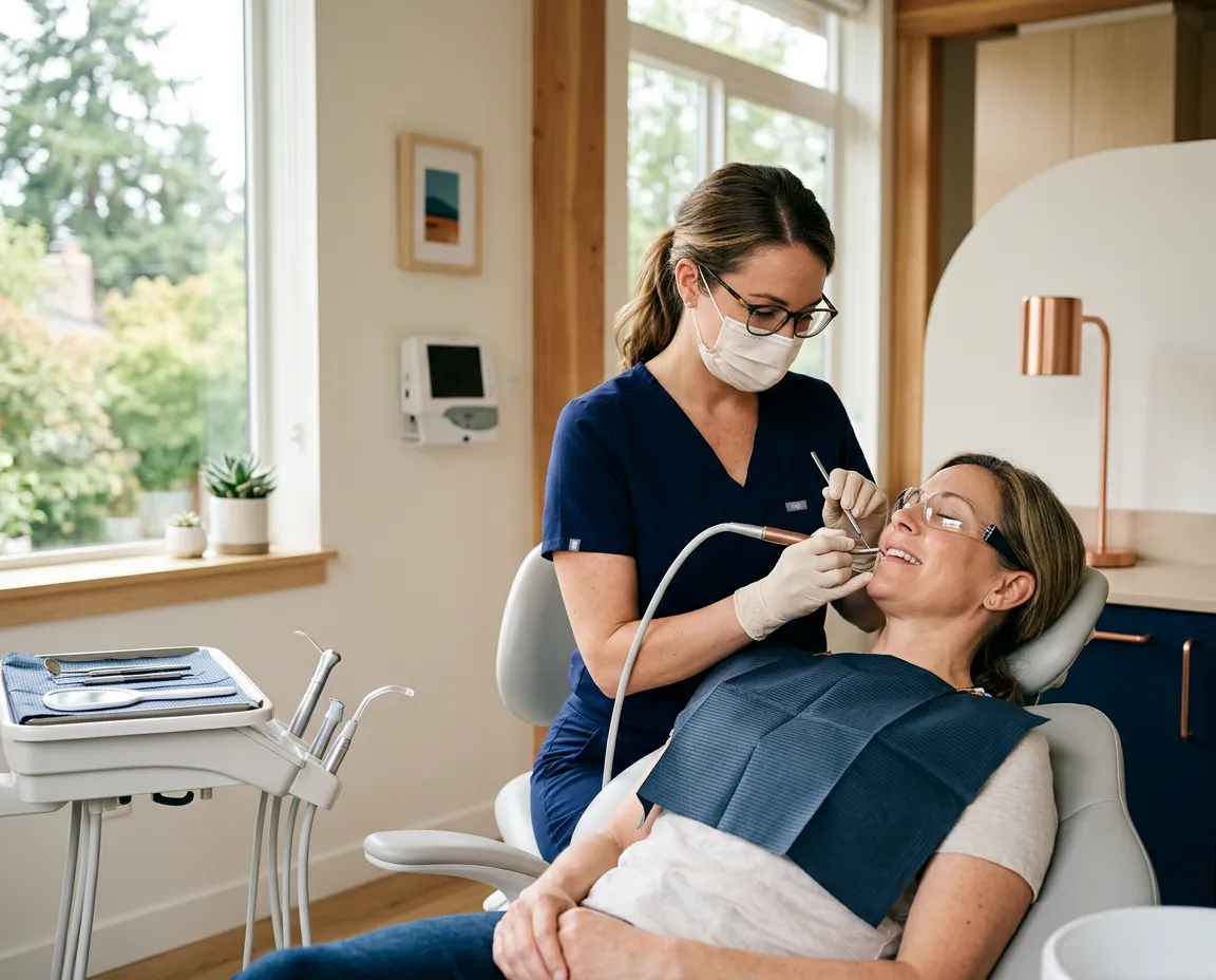 Dentist performing a thorough dental cleaning and preventive exam in a modern Portland clinic