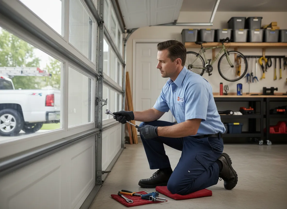 All Pro Overhead Door technician performing a safety inspection on a residential garage door