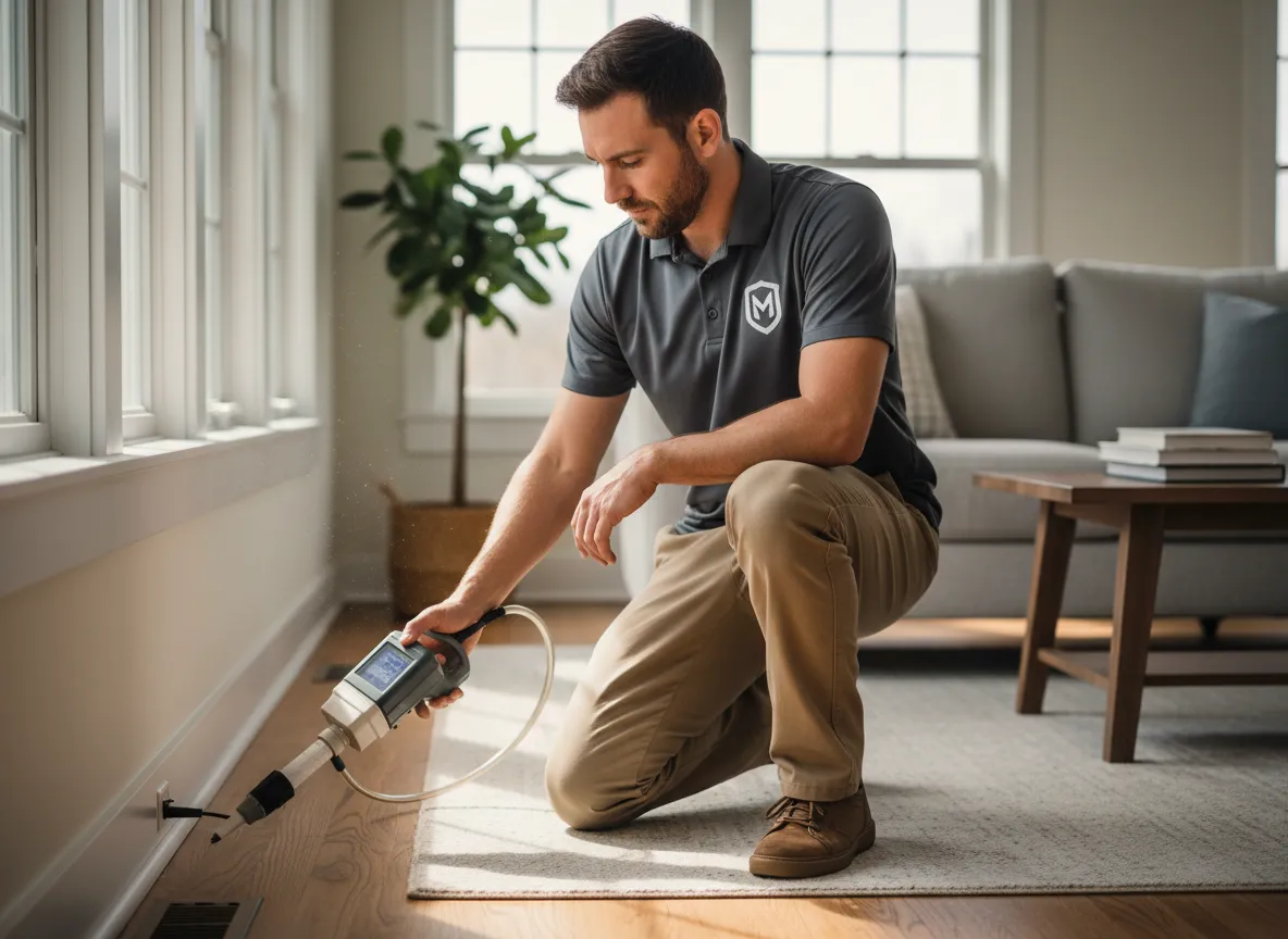 Technician performing professional mold testing in a residential home