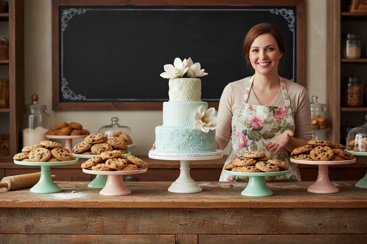 Bakery counter with cookies, custom cake, rustic accents, and a welcoming baker