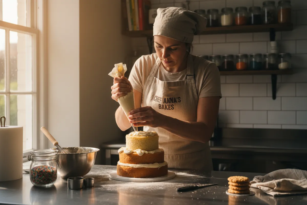 Baker decorating a cake in a sunlit kitchen