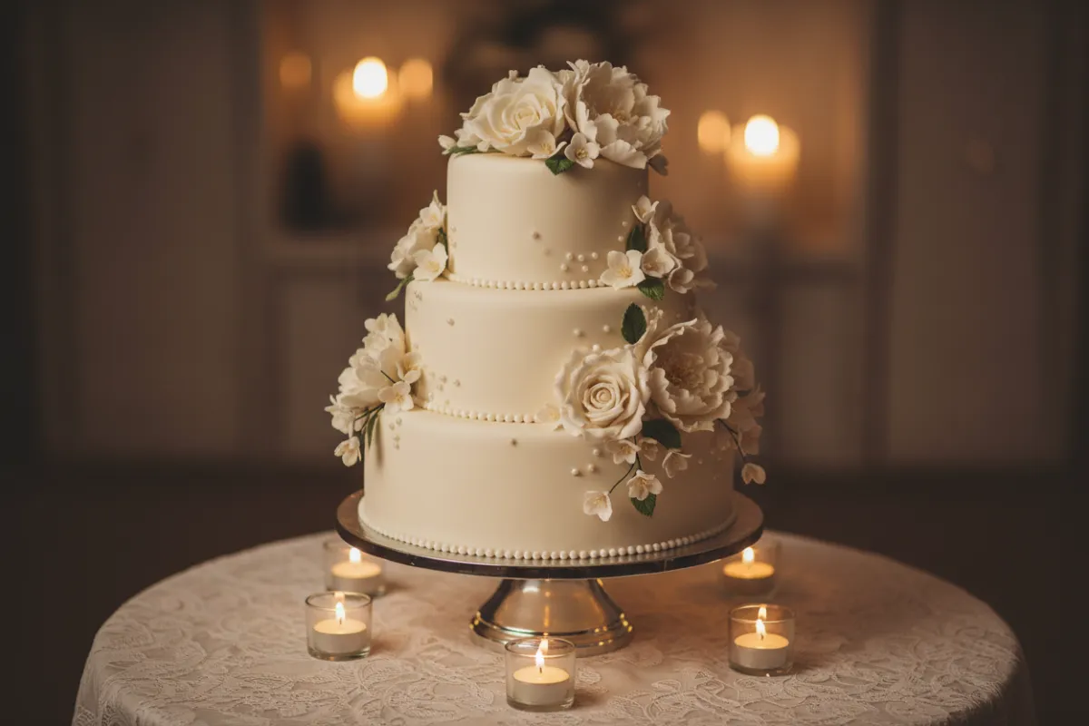 Elegant tiered wedding cake with sugar flowers