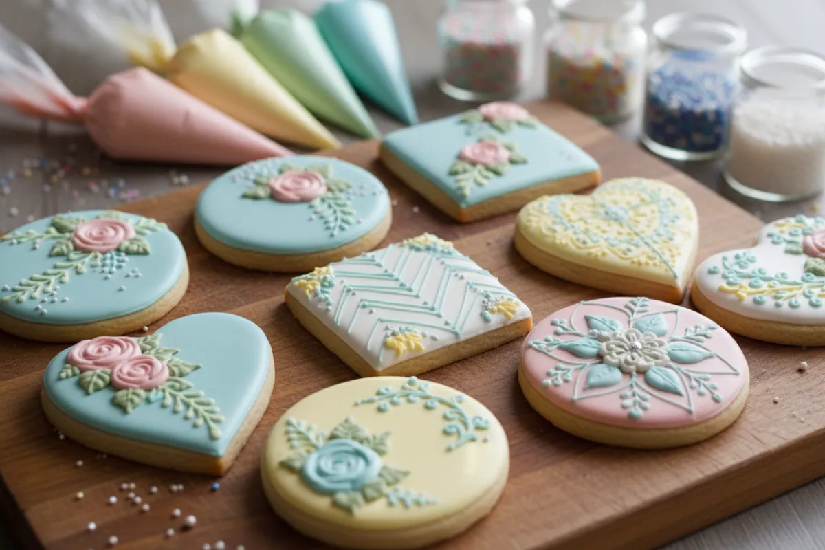 Hand-decorated cookies with intricate icing designs