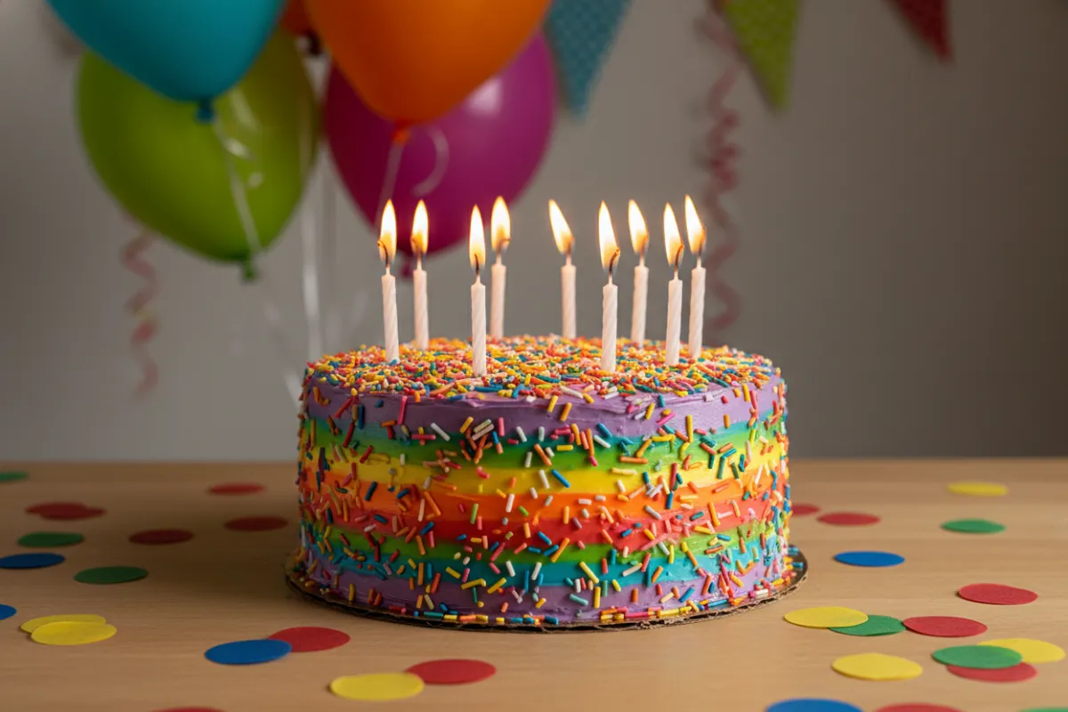 Colorful birthday cake with sprinkles and candles