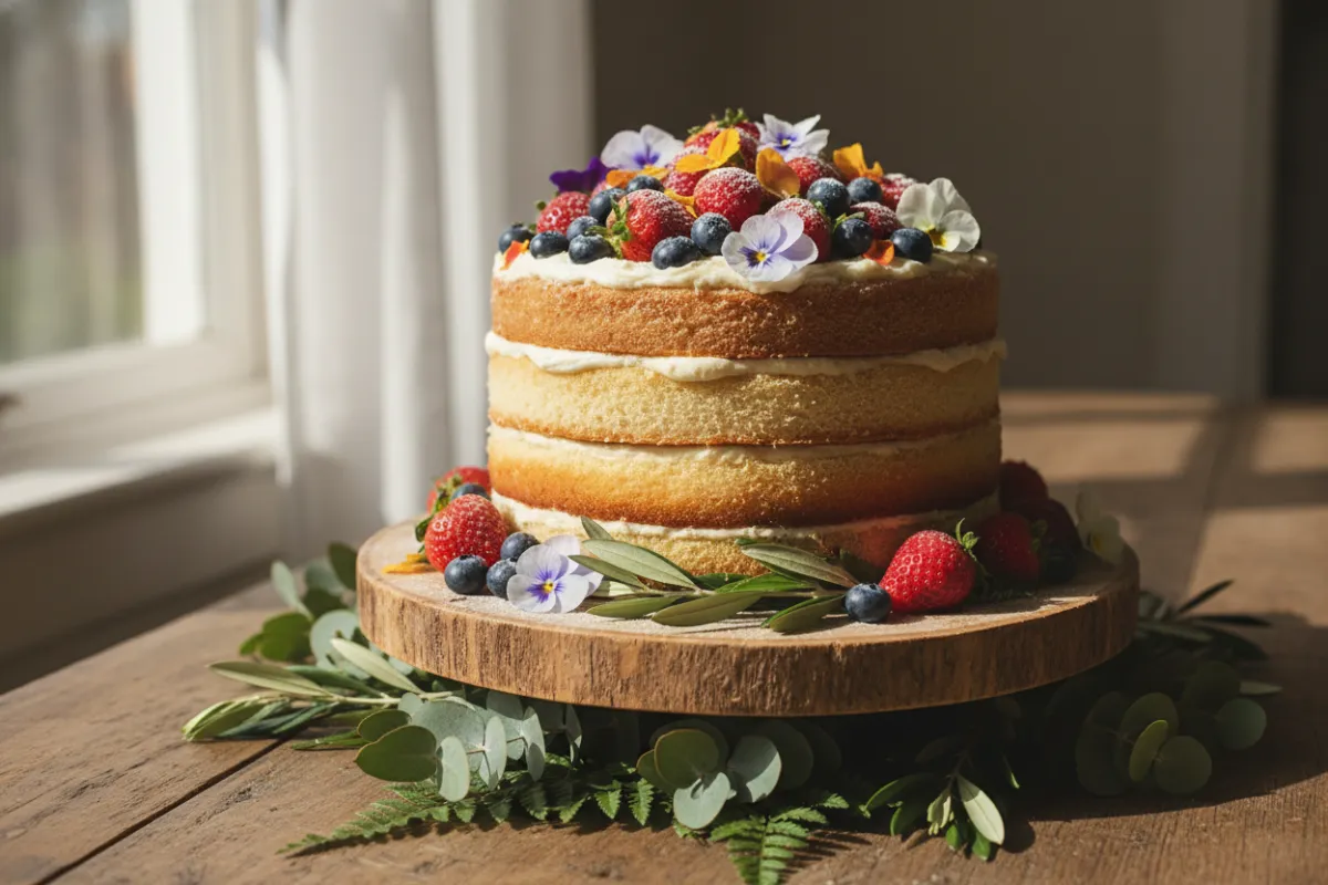 Rustic naked cake with fresh berries and flowers