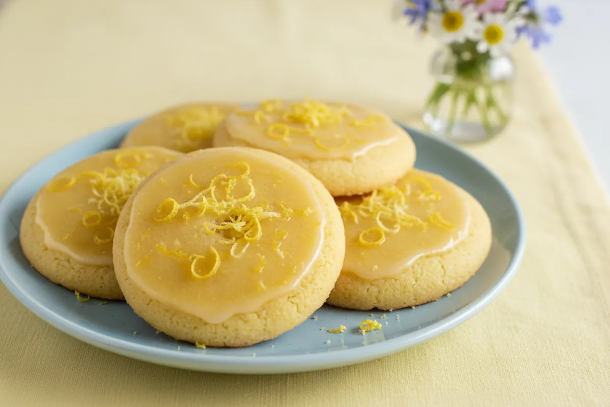 Lemon sugar cookies with zest and glaze on a pastel plate