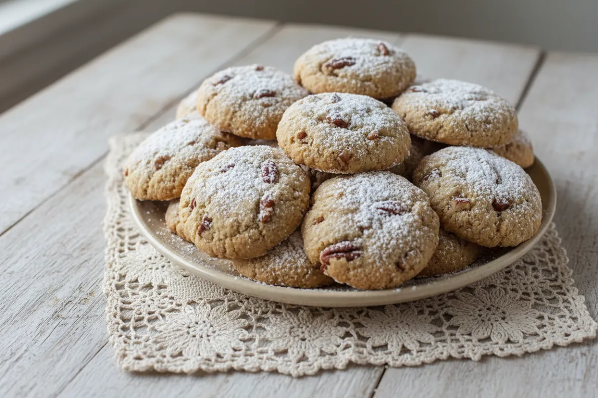 Pecan sandies with powdered sugar on a lace doily