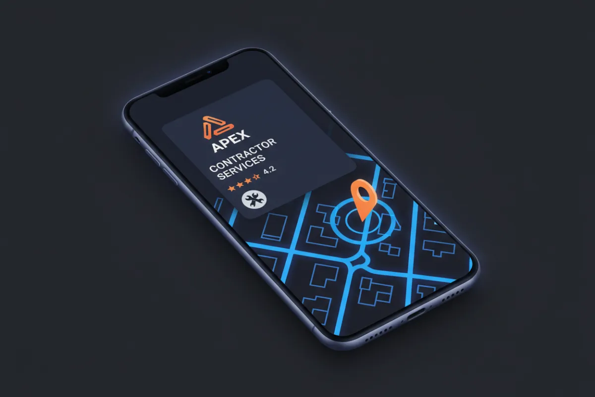 Device mockup showing a local search result listing for a contractor with optimized local SEO and star reviews