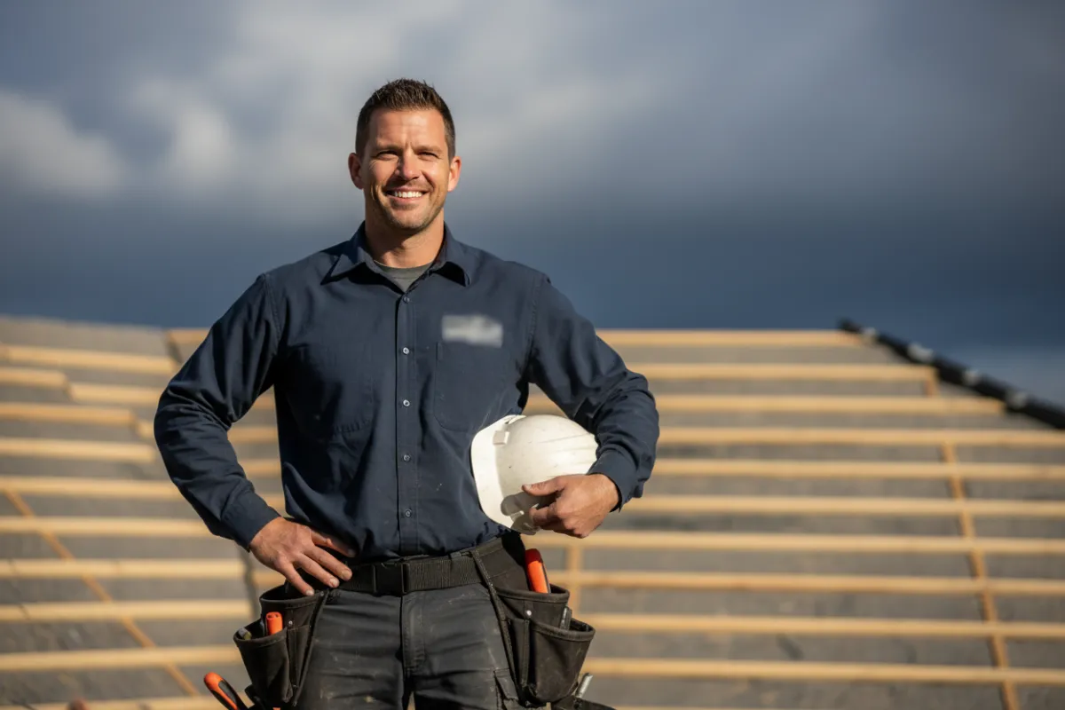 Portrait of a mid-30s roofing contractor smiling on a job site, representing ApexSite results.
