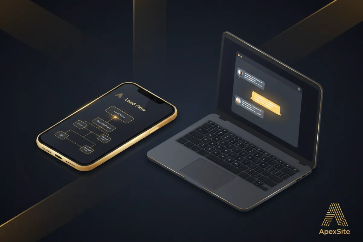 Isometric phone and laptop showing ApexSite lead flow and a highlighted text conversation with brand gold accents.