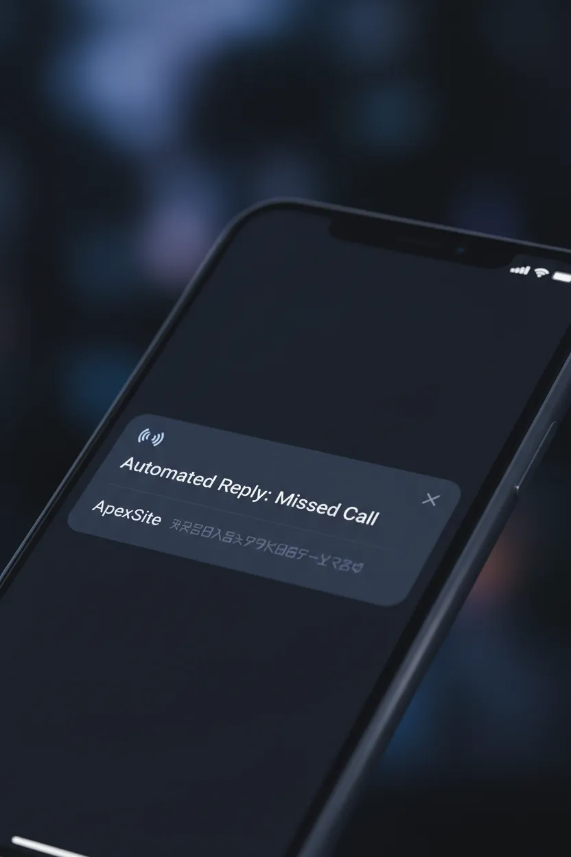 Smartphone displaying an automated 'missed call' reply via ApexSite.