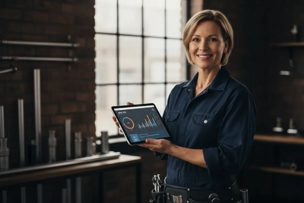 Portrait of a female plumbing business owner holding a tablet showing schedule metrics, representing ApexSite credibility.