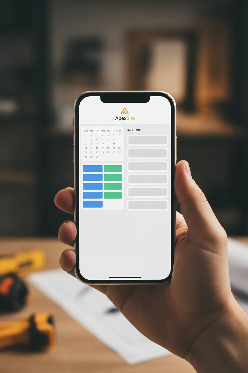 Contractor dashboard on ApexSite showing scheduling and inbound texts on a phone mockup