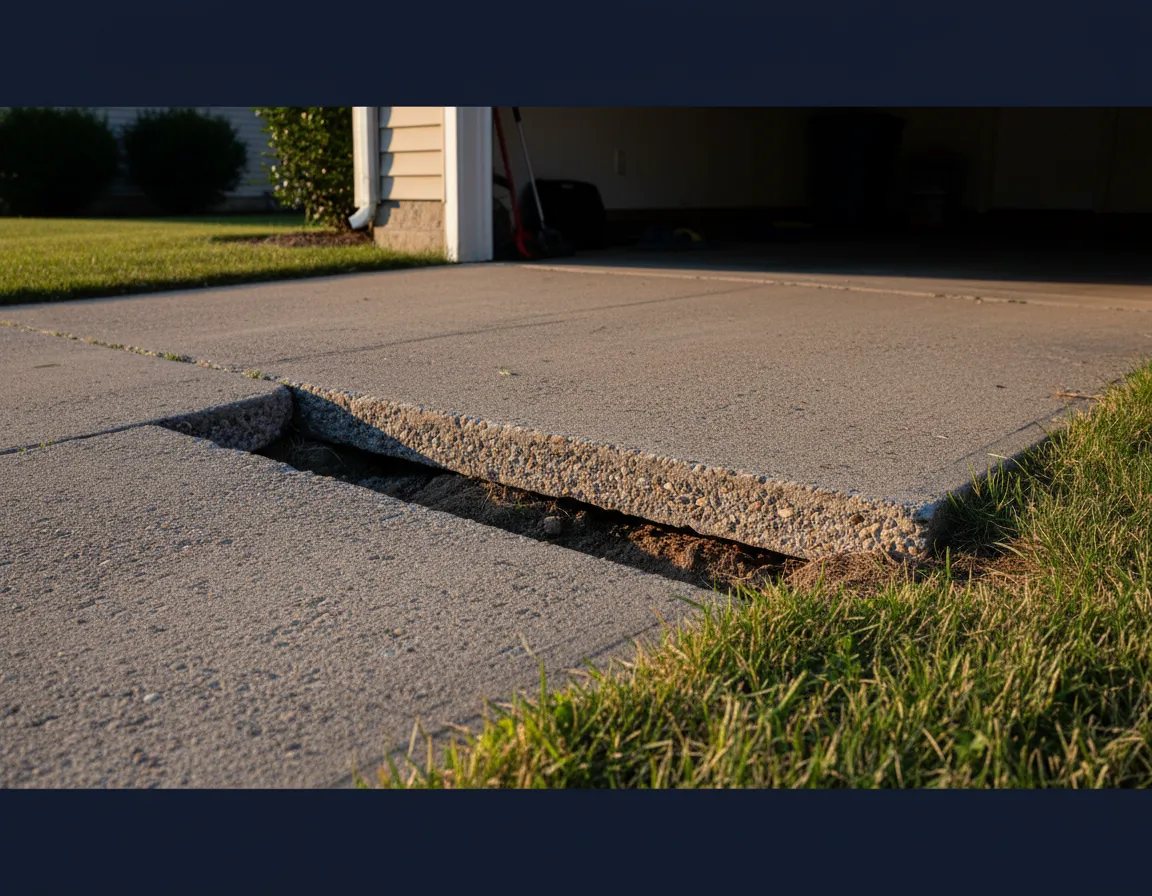 Sunken driveway slab near garage foundation showing tripping hazard