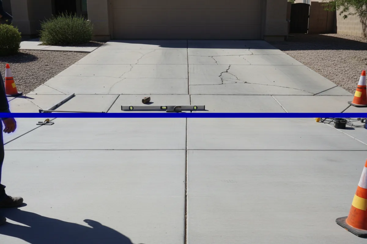 Before and after concrete driveway leveling in Ocotillo Chandler Arizona