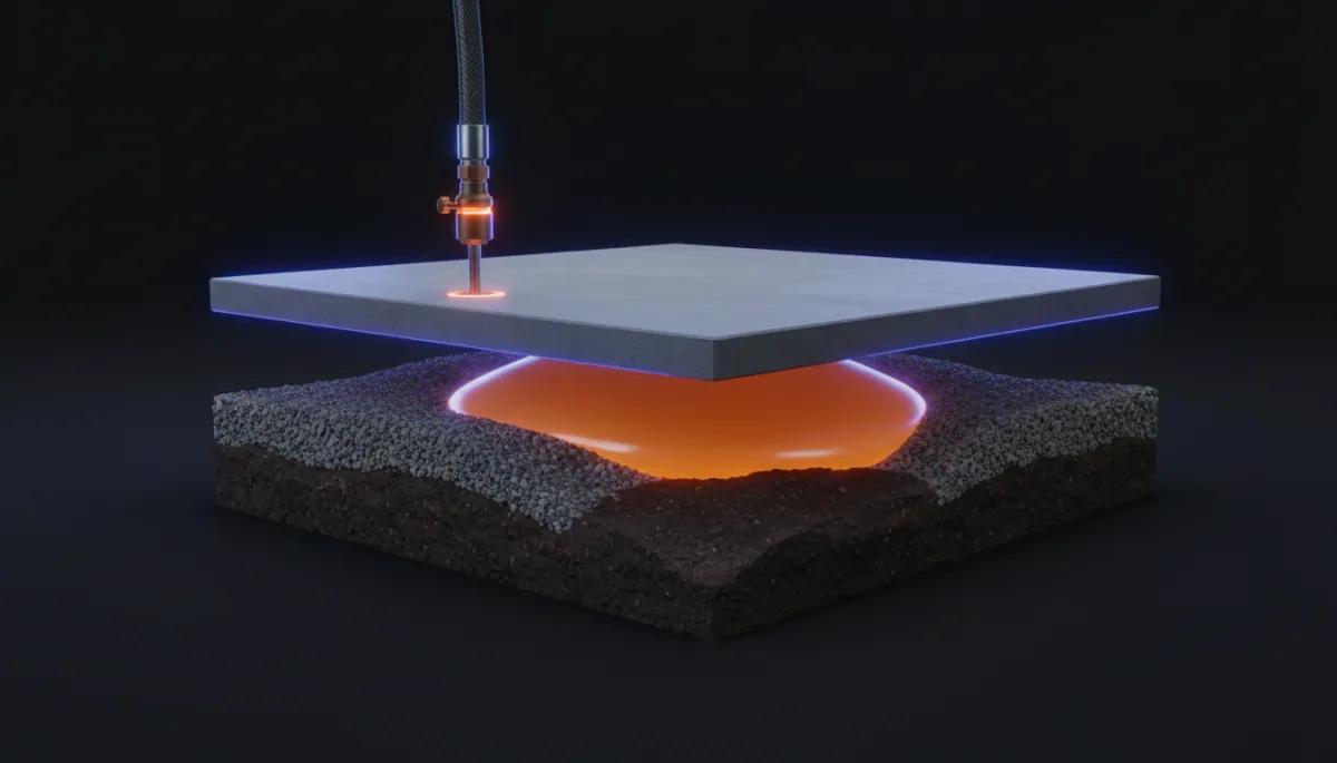 Illustration of the mudjacking process showing slurry being injected under a concrete slab