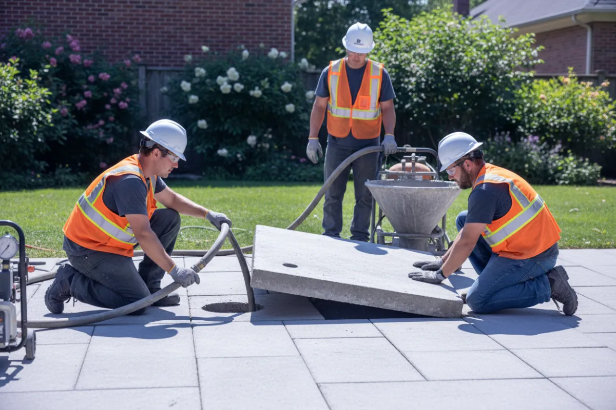 Mudjacking process on uneven patio slabs