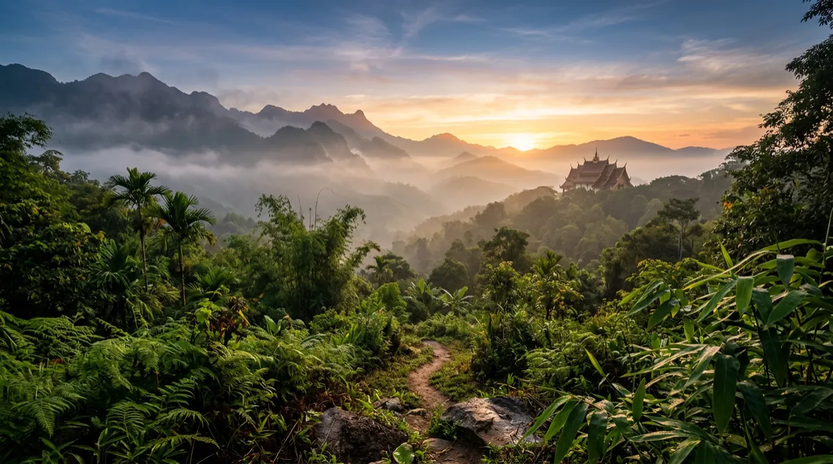 Chiang Mai mountains, tropical landscape, and warm golden sunrise light