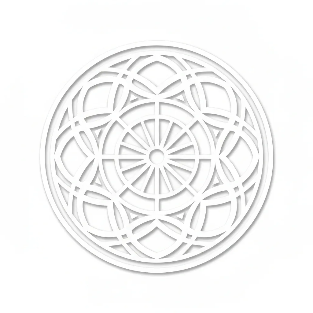 Intricate circular geometric mandala logo, white outlines