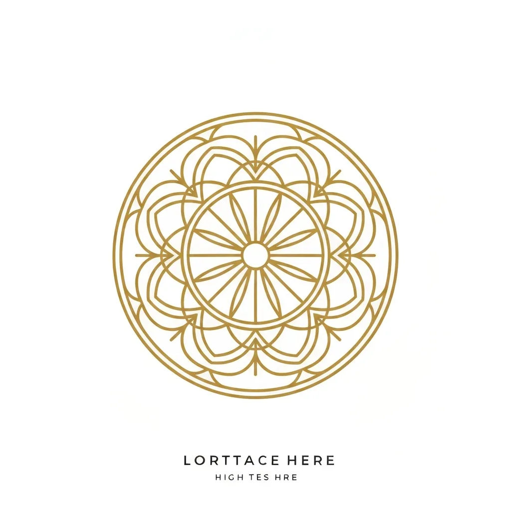 Intricate circular geometric mandala logo, gold outlines