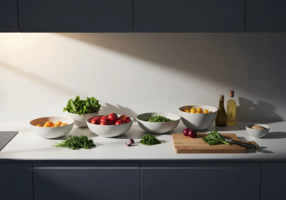 Fresh ingredients elegantly prepared in a pristine kitchen