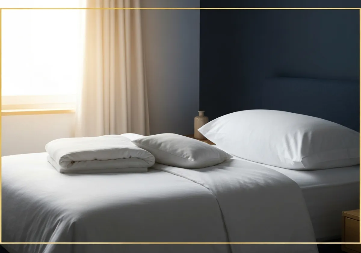 Crisp white linens in a brightly lit, perfectly organized bedroom