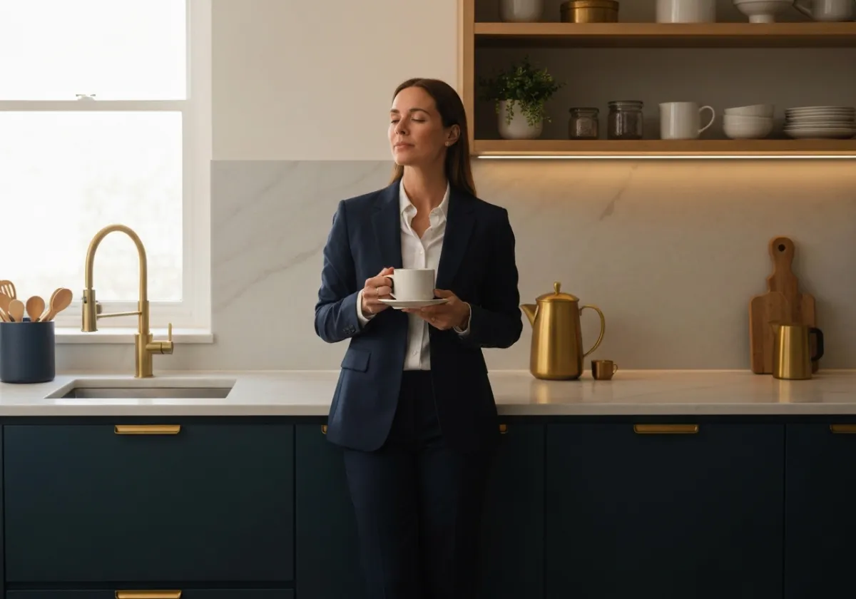 A busy professional finding a moment of calm in an elegant home