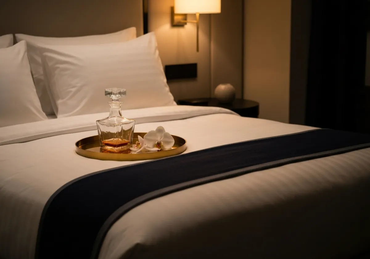 A premium lifestyle shot showing elegant hospitality touches like fresh linen or curated wine glasses