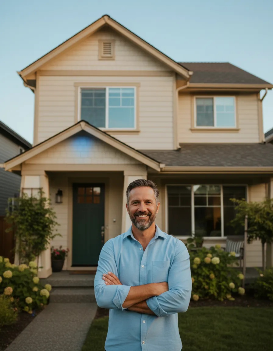 Propriétaire confiant souriant devant sa maison