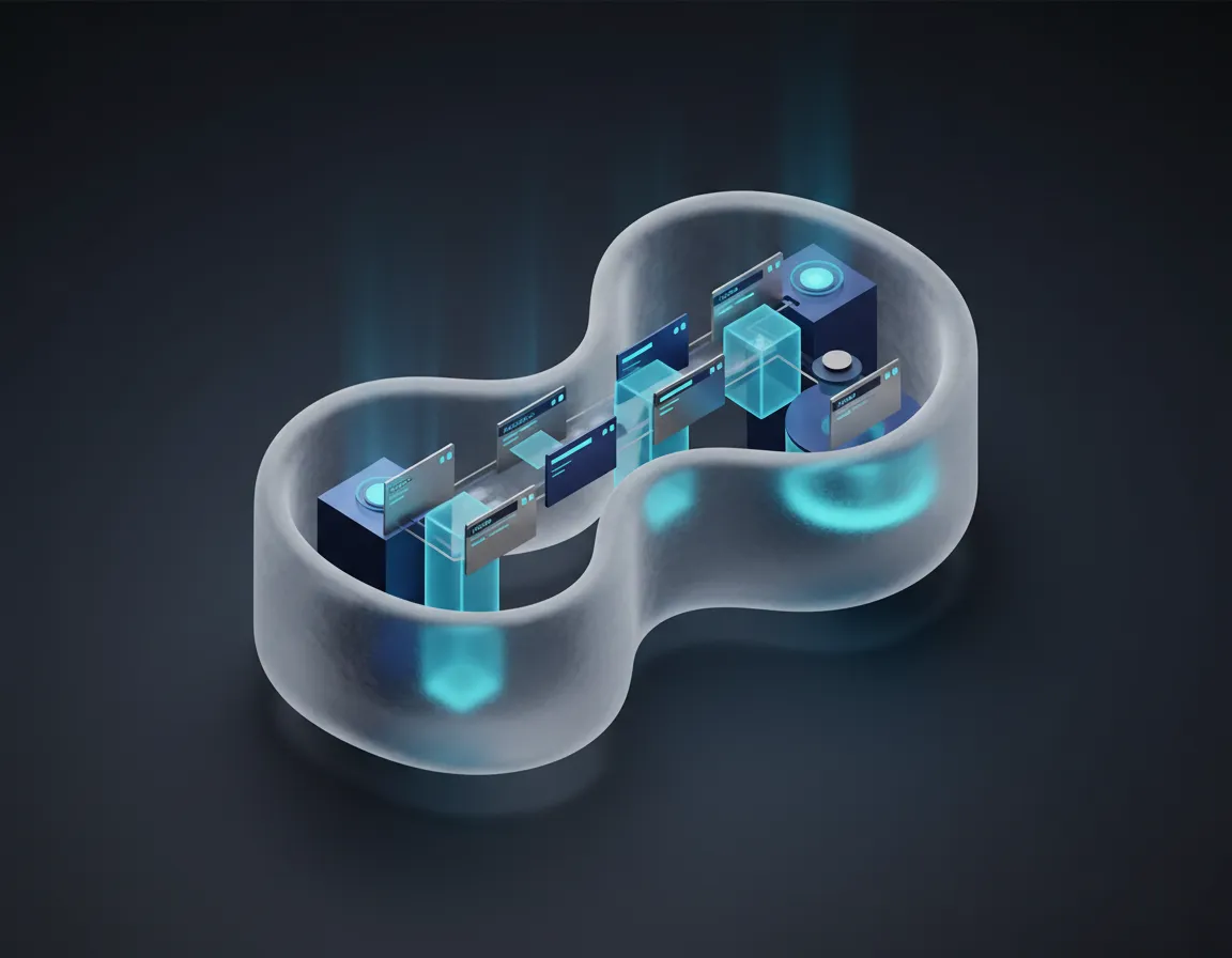 Ecosystem Flow Diagram showing CRM and AI Agent following up with clients, frosted glass container