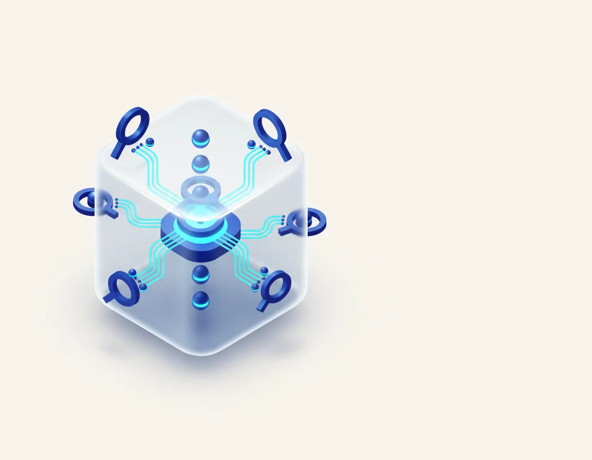 Ecosystem Flow Diagram showing Web SEO leading to Traffic, frosted glass container, soft background #F8FAFC, white nodes with shadows, blue lines