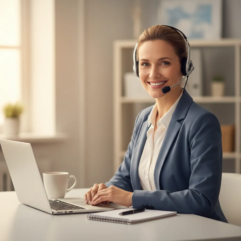 A friendly customer support representative, mid-30s, smiling and wearing a headset, sits at a tidy desk with a laptop and notepad. The background is softly blurred, with warm neutral colors and a modern, inviting feel.