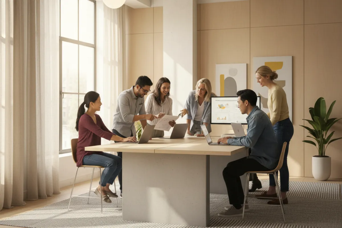 A diverse group of adults, each with a laptop or tablet, collaborating in a bright, modern workspace with warm neutral tones. The scene conveys active learning and digital engagement, with natural light and minimalist decor.