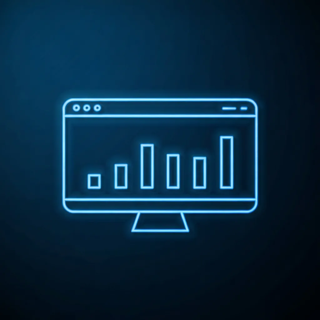 Blue neon line-art icon of a wide screen displaying a chart