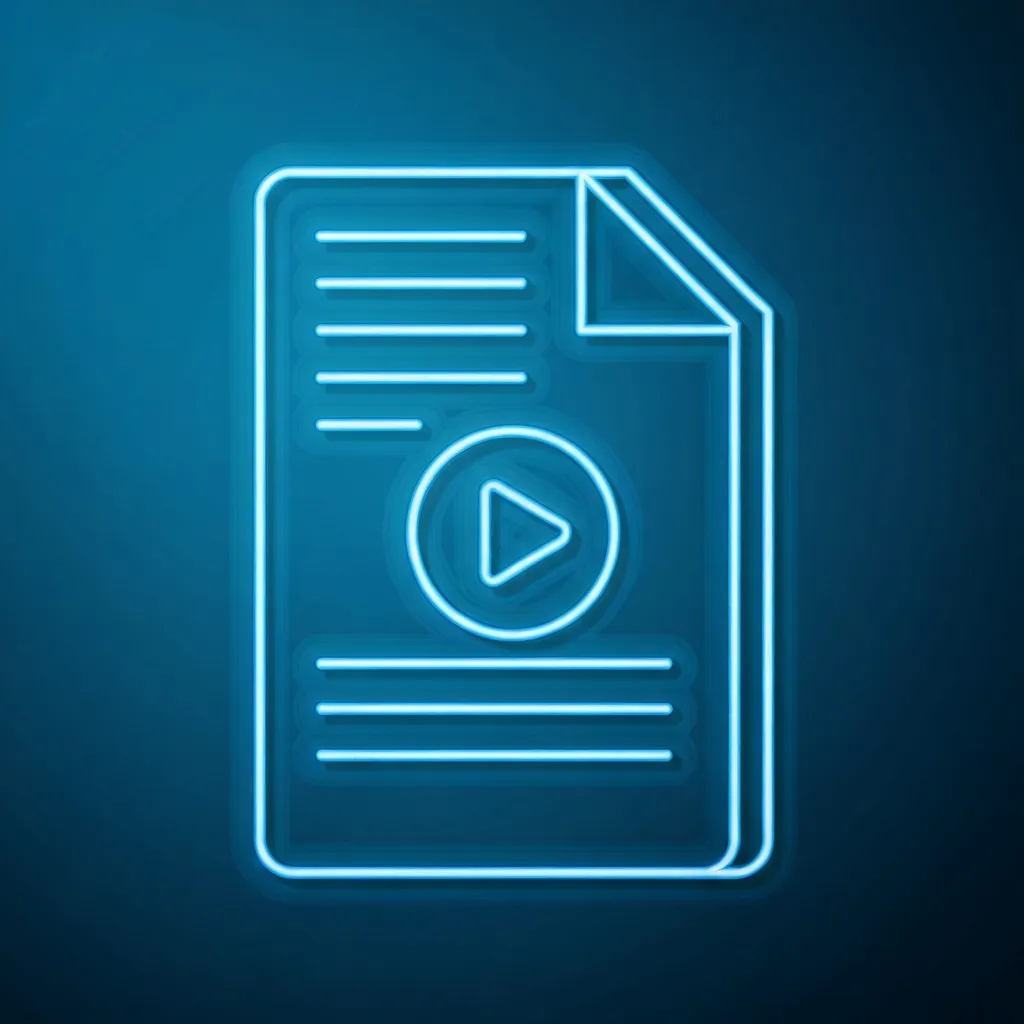 Blue neon line-art icon of a document with a play button