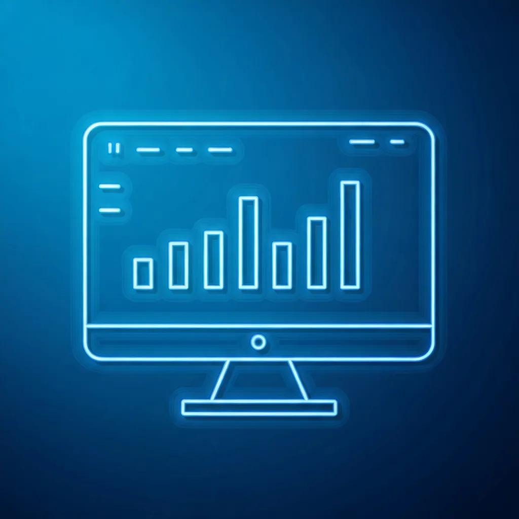Blue neon line-art icon of a computer monitor displaying a chart