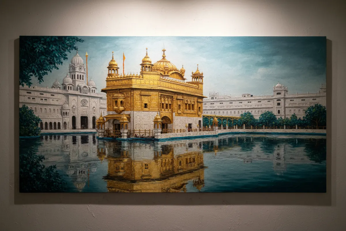 3D wall painting of the Golden Temple (Harmandir Sahib), Amritsar, Punjab, India, styled in brand colors