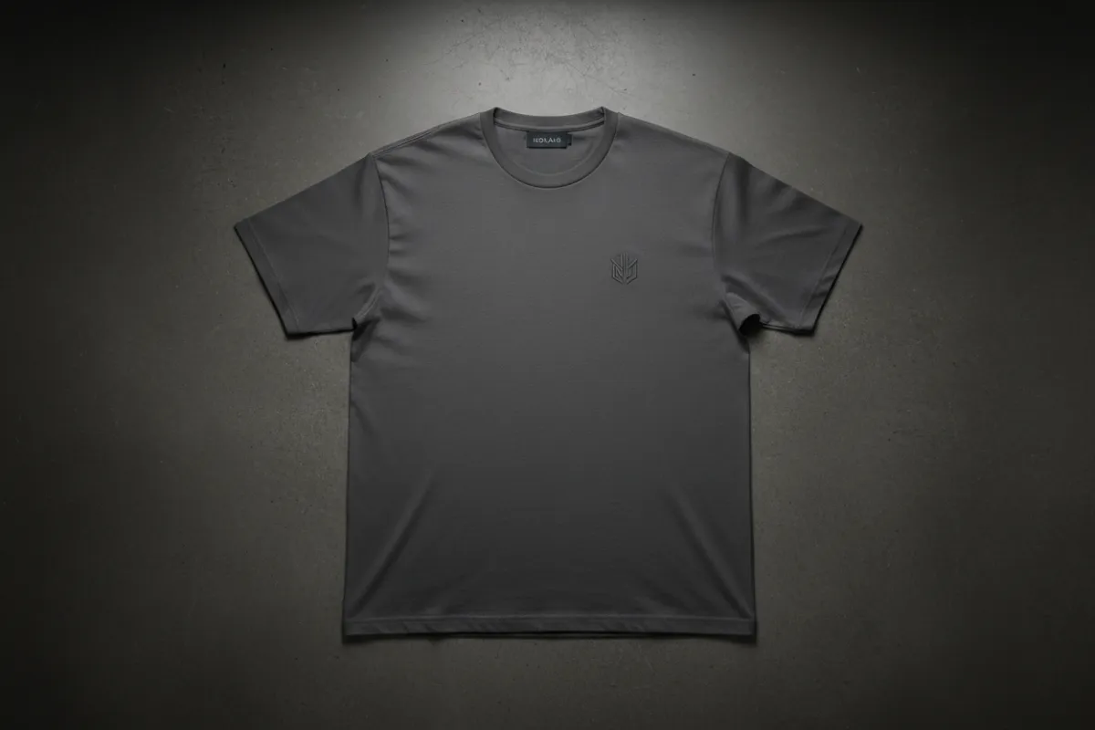 A premium cotton NOVAID t‑shirt laid flat on a charcoal surface, centered composition, soft studio lighting highlighting texture and embroidered logo, photorealistic product shot emphasizing fabric quality and stitching