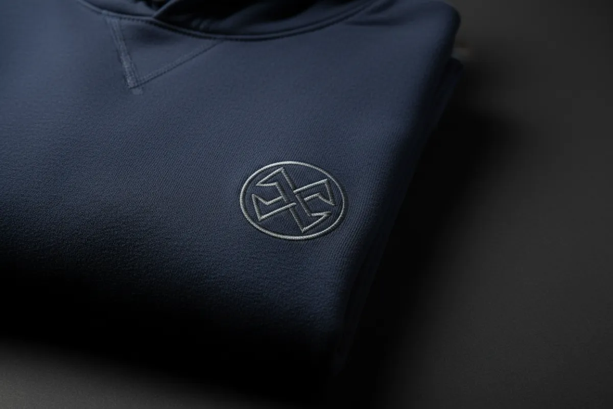 A folded NOVAID pullover hoodie photographed on a matte black backdrop with soft overhead lighting, close-up on embroidered logo and fabric weave, photorealistic e‑commerce style